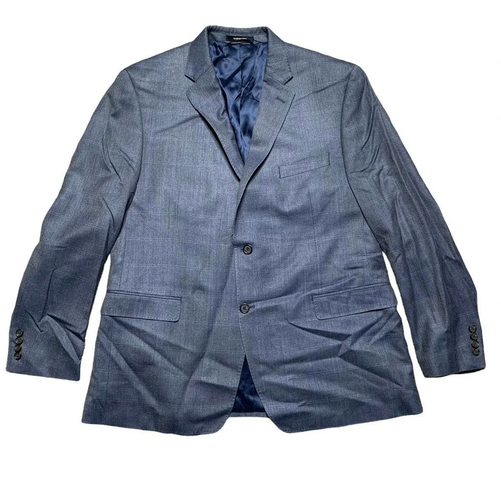 Ralph Lauren Silk Wool Blend Blazer Windowpane Mens Size 46R Blue Slim Fit EUC